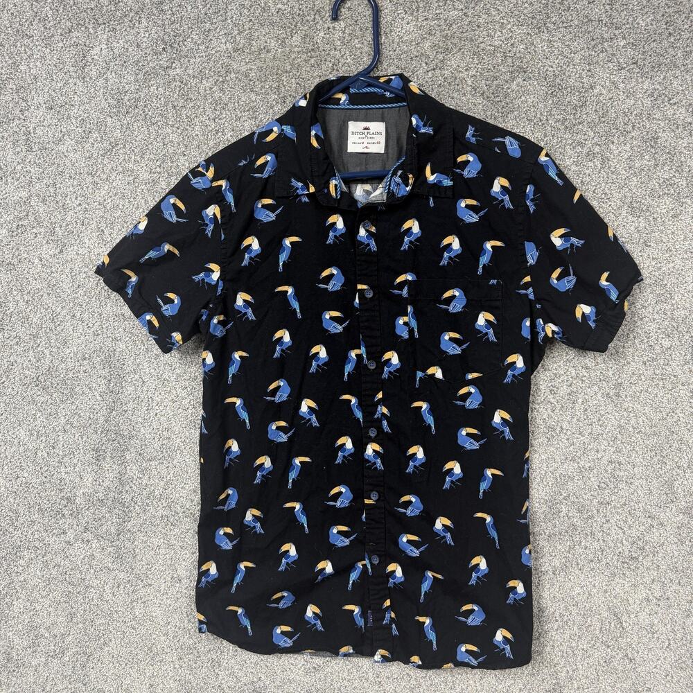 Ditch Plains Shirt Mens M Black Toucan Print Short Sleeve Tropical Beach Summer